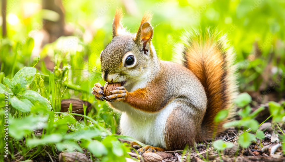 Obraz premium Squirrel eating a nut in a sunny park. A small squirrel forages on the ground, holding a nut in its paws while surrounded by green grass and sunlight.