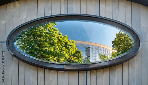 convex mirror on wall reflecting building and trees with natural mirror texture