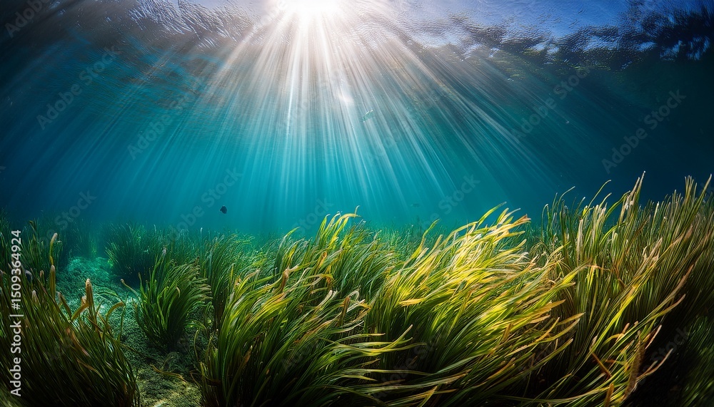 Naklejka premium sunbeams illuminating seagrass in tranquil underwater landscape