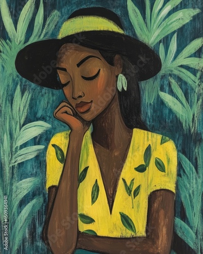Woman in yellow dress with tropical foliage background