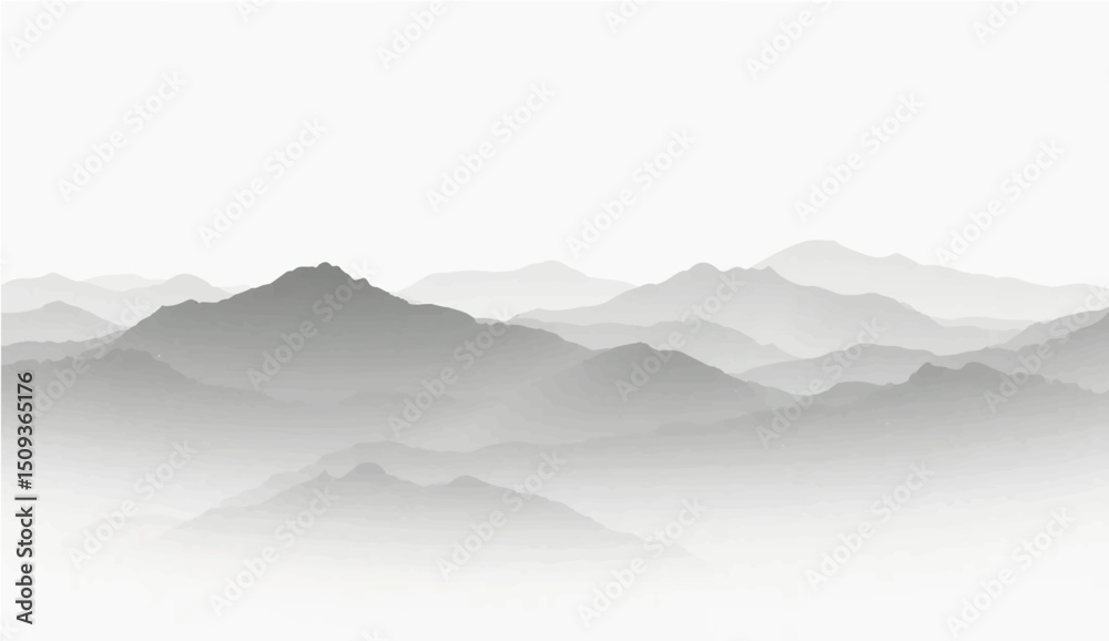 Obraz premium a minimalist vector illustration of layered mountain ranges in grayscale. The design should feature soft gradients and overlapping silhouettes to convey depth, with the closest mountains 