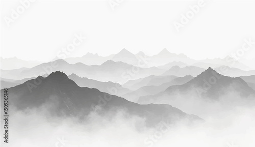  a minimalist vector illustration of layered mountain ranges in grayscale. The design should feature soft gradients and overlapping silhouettes to convey depth, with the closest mountains 