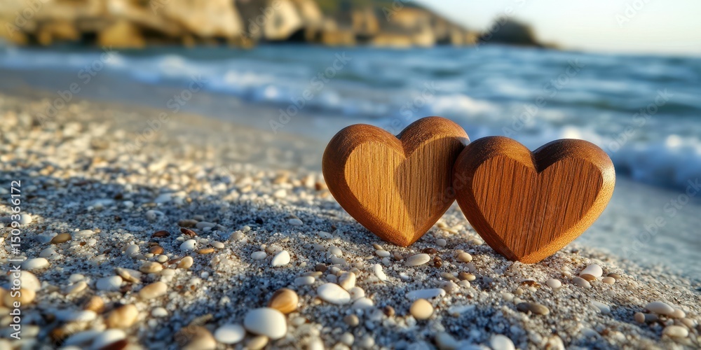 Wooden heart decorations on sandy beach with gentle waves and sunset lighting create a romantic atmosphere by the shore Wooden heart decorations on sandy beach with gentle waves and sunset lighting create a romantic atmosphere by the shore