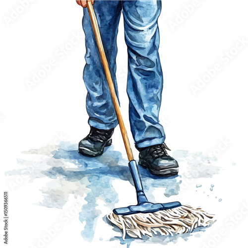 watercolor vector of Mopping Floor, high quality, isolated on a white background.