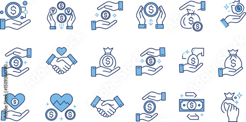 Business marketing icon set. Containing agreement, donation, handshake, partnership, money, social media, megaphone, sponsor, purchase, Vector