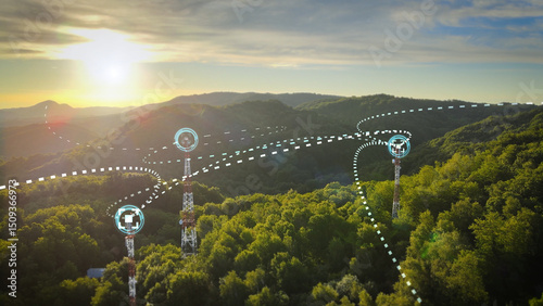 Three telecommunication towers connected by 3D graphic lines, representing signal connectivity and 5G mobility