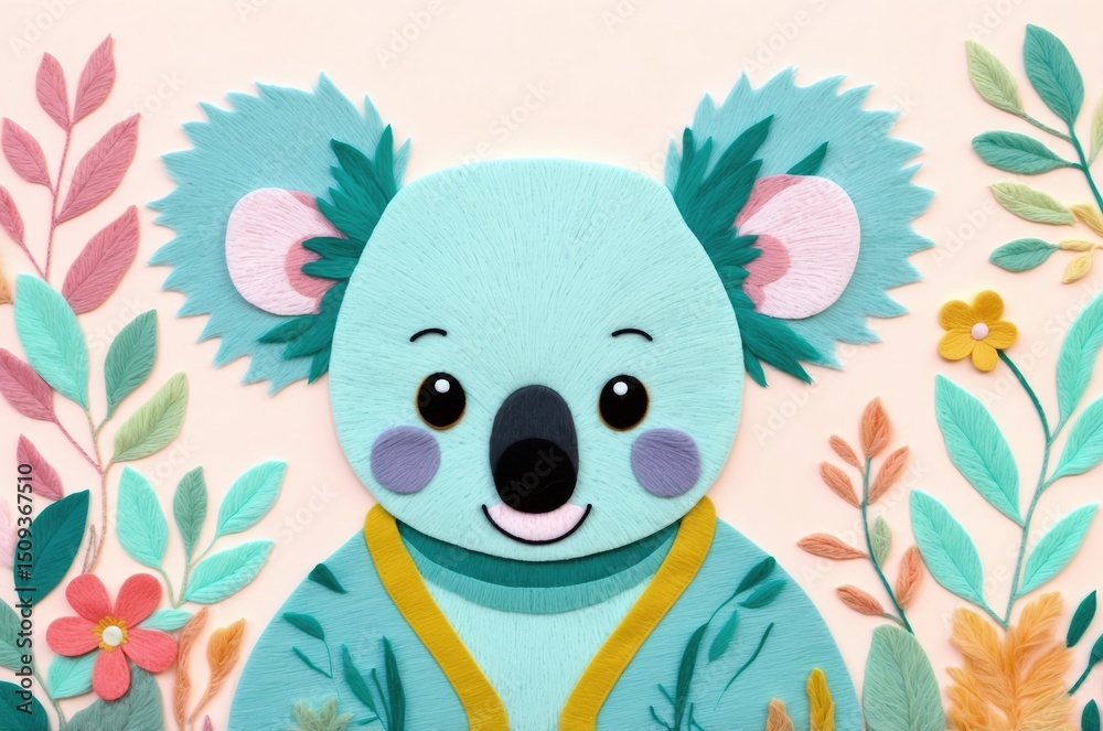 Obraz premium Cute koala character surrounded by colorful foliage in a playful design