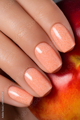 Delicate peach nails radiate a glossy finish, evoking summer vibes and fresh elegance.