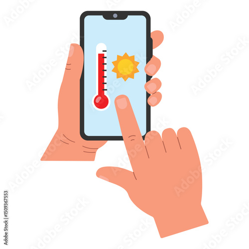 A hand holds a smartphone with a weather forecast on a mobile app. Extreme heat. A hot summer day. Tropical climate. Hand drawn, Vector illustration