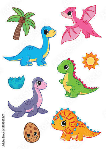 Cute baby dinosaurs. Marine, predatory, herbivorous and flying dinosaurs, dinosaur eggs and palm tree. Vector illustration.