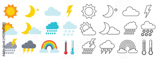 Weather icons set. Outline weather elements. Thunderstorm, rain, sunny day, month and stars, winter snow, night, rainbow. Vector illustration