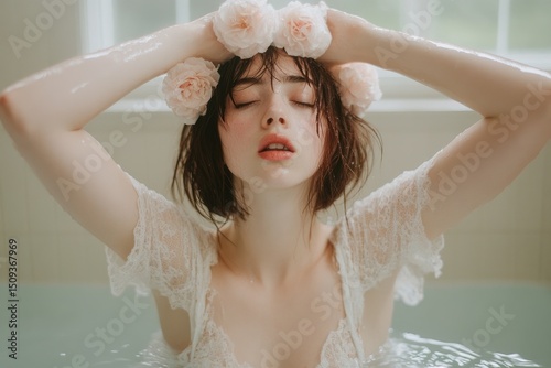 Woman relaxing in bathtub with flowers