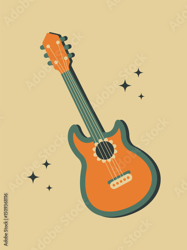 Retro style illustration of a guitar with vibrant colors on a beige background. Perfect for music events, party posters, and vintage-themed designs.