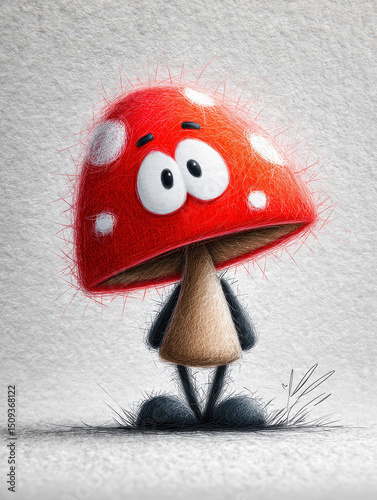 Cartoon mushroom character with a red cap, white spots, goofy face, stubby legs, and a sense of movement or posture Anthropomorphized with human-like features, expressive eyes, and a s - AI-Generated