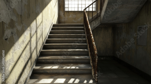Staircase in an abandoned building with natural light streaming through a window