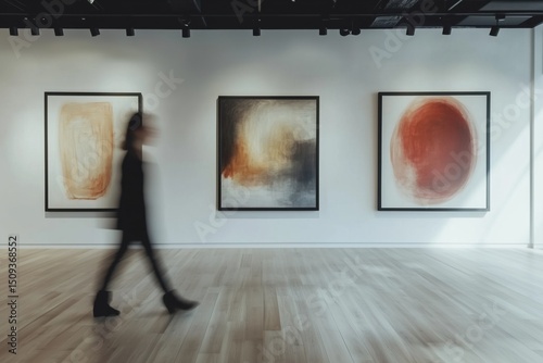 Visitor walking past framed abstract paintings in modern art gallery illuminated by natural light from unseen sources creating dynamic and lively display of contemporary art
