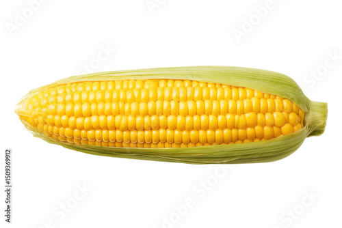 Fresh yellow corn on the cob with green husk isolated on white background, cut out