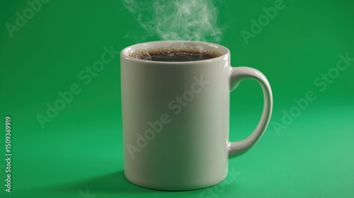 A steaming cup of coffee against a vibrant green background.