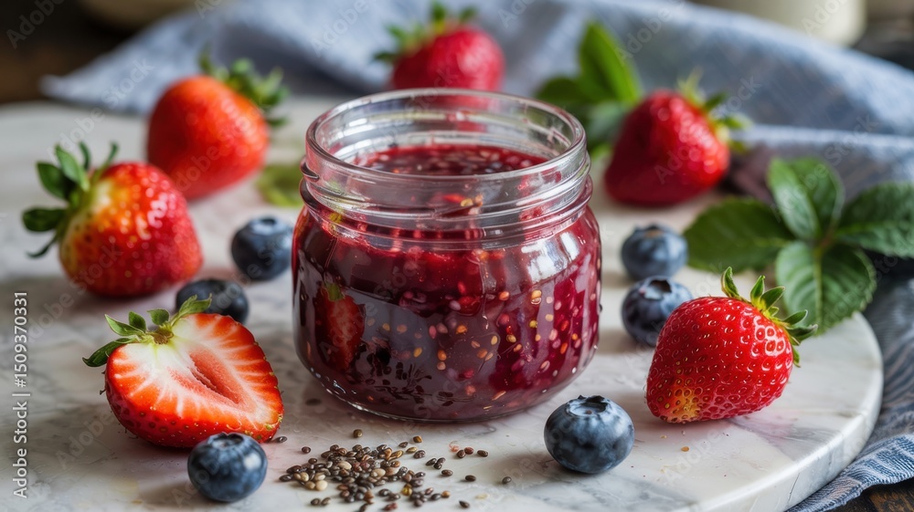 Homemade tea berry pastille put in a small jar. Fresh strawberries and blueberries frame the jar, giving it a refreshing look.