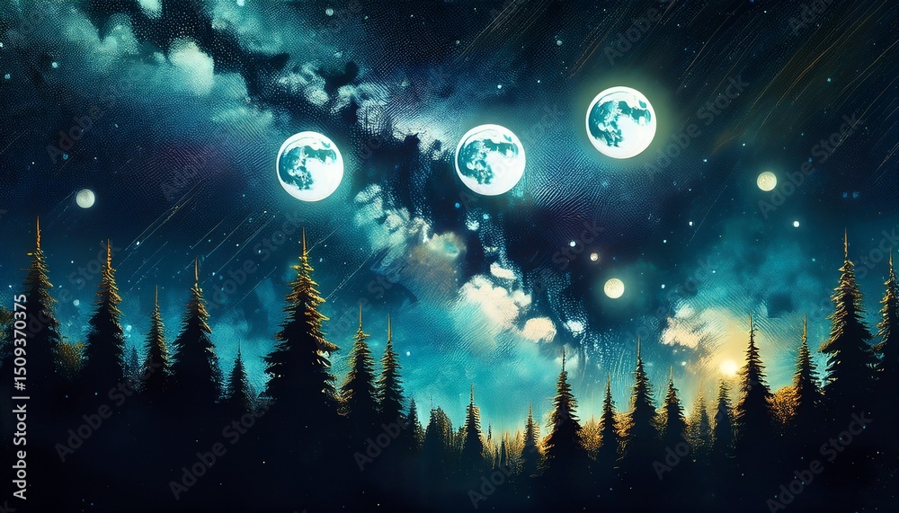 Naklejka premium multiple full moons illuminating a dark forest under a starry night sky