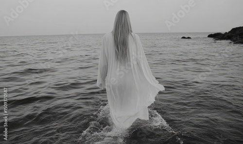 Woman walking away in white robe on coastal shore