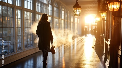 Woman walking through sunlit hallway