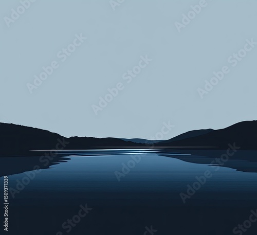 Tranquil lake scene under a pale sky.  Silhouette mountains meet a calm water's edge