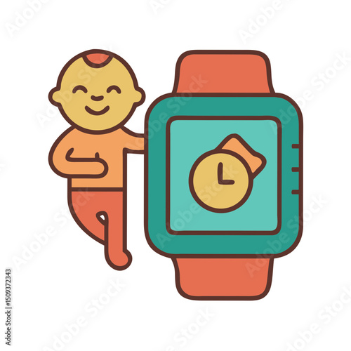 Happy toddler with smartwatch, showcasing telecom products for children