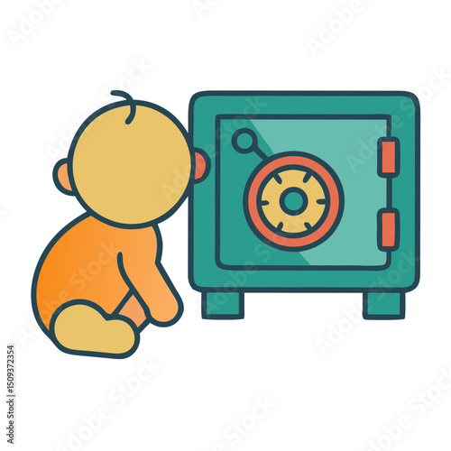 Cute baby looking at a vault illustration for children's banking products