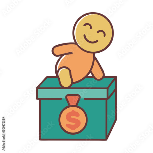 Cute baby depositing a coin in a box illustration for children's banking products