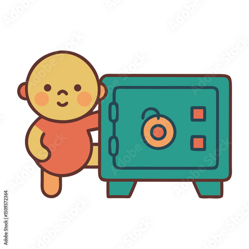 Cute baby showing a safe deposit box illustration for children's banking products