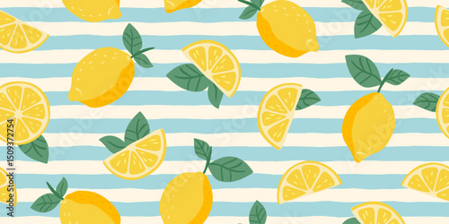 Fresh yellow lemons whole and slices with green leaves seamless pattern on blue and white striped background for summer kitchen decor vector illustration
