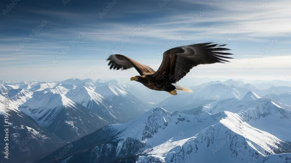 Eagle in graceful flight above remote snowy mountains