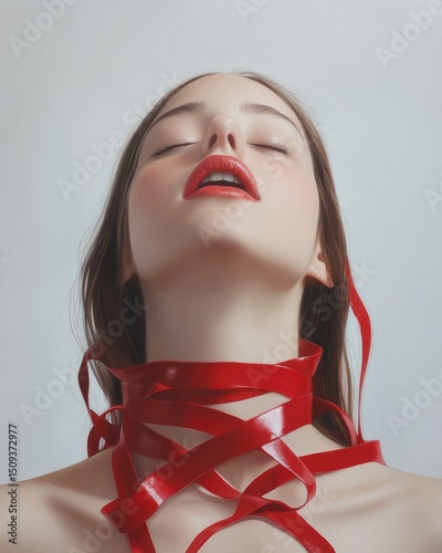 Woman with red ribbon portrait