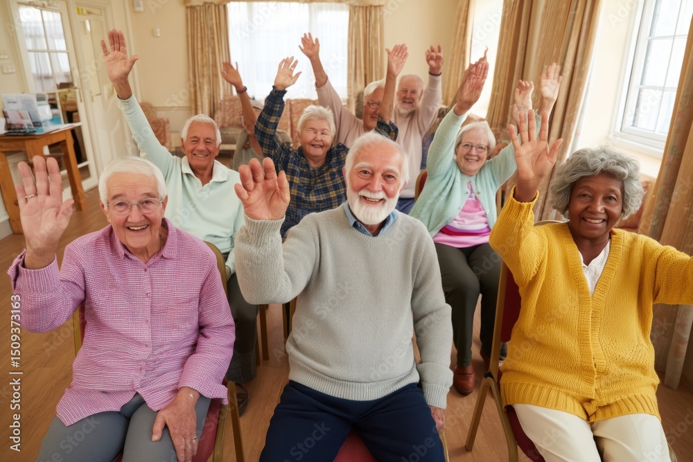 Fototapeta premium Group of elderly residents sitting in chairs inside communal room, waving and smiling cheerfully, creating a joyful atmosphere. Demonstrating positive and engaging social interaction