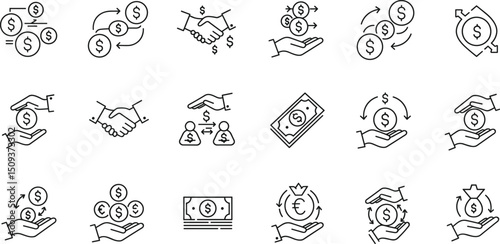 Business marketing icon set. Containing agreement, donation, handshake, partnership, money, social media, megaphone, sponsor, purchase, Vector