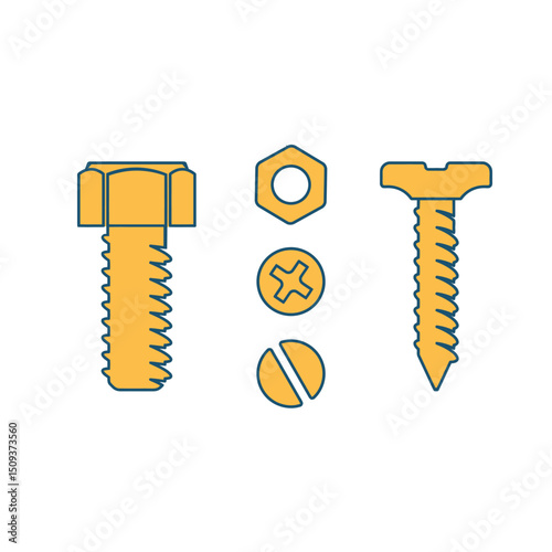 Vector illustration of bolt, screw, nut, and screw head icons in minimal flat style on white background
