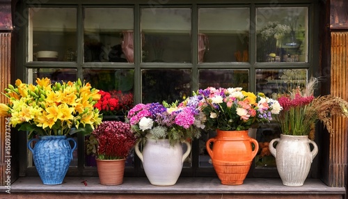 flower shop window displaying colorful bouquets and ceramic pots