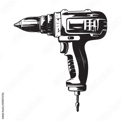 electric drill silhouette, Black and white image of a drill, Electric Drill Illustration In Minimal Style Vector image Isolated on White Background.