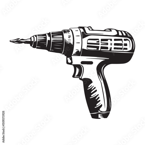 electric drill silhouette, Black and white image of a drill, Electric Drill Illustration In Minimal Style Vector image Isolated on White Background.