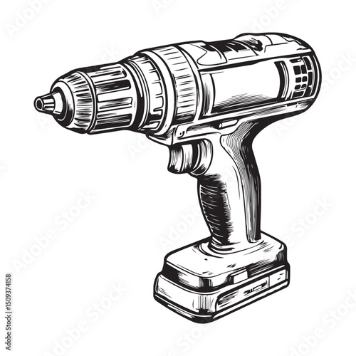 electric drill silhouette, Black and white image of a drill, Electric Drill Illustration In Minimal Style Vector image Isolated on White Background.