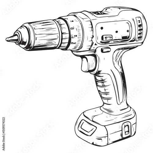 electric drill silhouette, Black and white image of a drill, Electric Drill Illustration In Minimal Style Vector image Isolated on White Background.