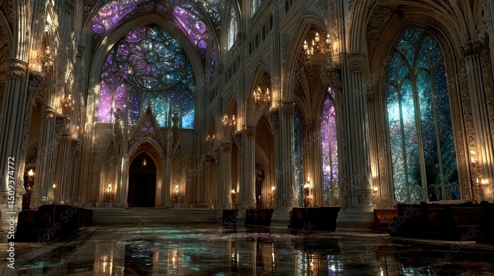 Fototapeta premium Majestic Interior with Stained Glass Windows and Celestial Designs