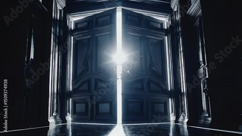 Futuristic concept video black doors opening reveal white glowing light symbolizing breakthrough moments enlightenment spiritual transitions