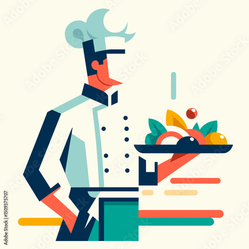 Chef holding a tray of colorful fruits in a modern style  