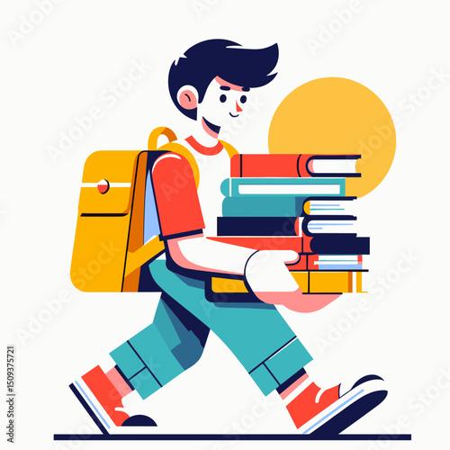 Young boy carrying stack of books while walking outdoors  