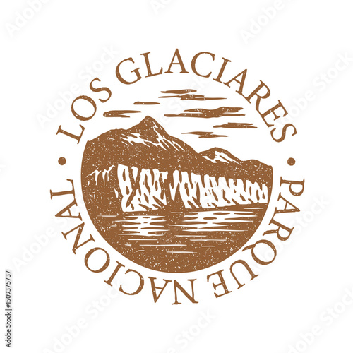 Los Glaciares Parque Nacional, Perito Moreno glacier, Patagonia, Argentina illustration stamp on transparent background, vector brown
