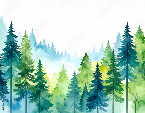 Watercolor Forest Vista: A serene watercolor painting captures the essence of a dense forest, the vibrant interplay of emerald and azure hues create an immersive vista of nature's tranquility.