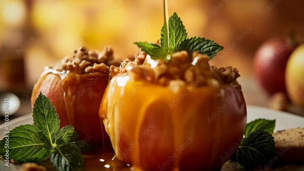 Delicious Baked Apples with Caramel, Nuts, and Mint.  A close-up shot of caramelized baked apples, drizzled with caramel sauce, topped with chopped nuts, and garnished with fresh mint leaves. 