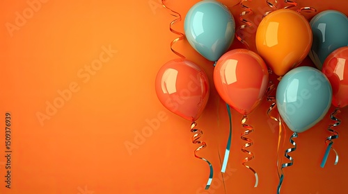 Party Time Balloons and ribbons against a bright orange backdrop, festive feel